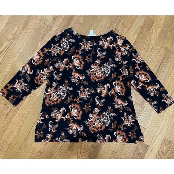 Liz Claiborne 3/4 Sleeve Square Neck Floral Black Rust Orange Split Hem Top L - Picture 5 of 5